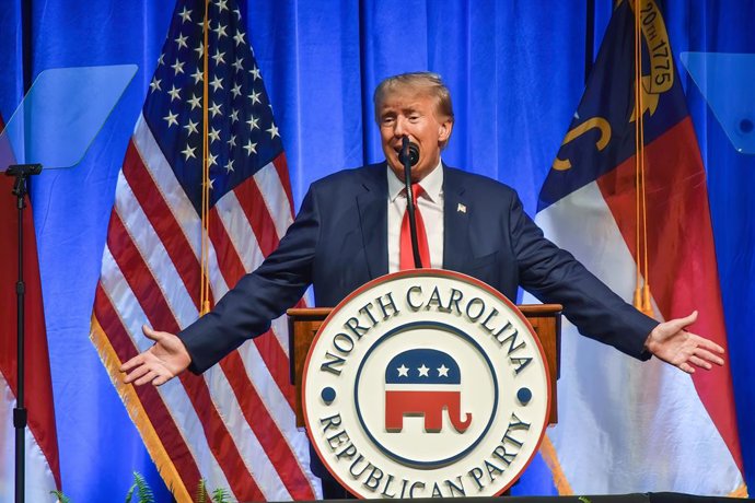 10 June 2023, US, Greensboro: Former US President Donald Trump speaks at the 2023 North Carolina Republican Party (GOP) Convention in Greensboro. Photo: Kyle Mazza/SOPA Images via ZUMA Press Wire/dpa