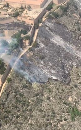 Incendio en la montaña de Montjuc de Barcelona, que ha quemado aproximadamente dos hectáreas de matojos. El martes 20 de junio de 2023.