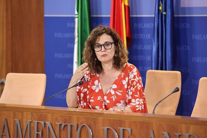 La portavoz adjunta de Por Andalucía, Esperanza Gómez, en rueda de prensa en el Parlamento andaluz.