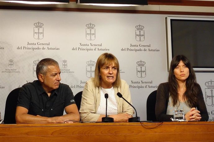 La diputada de Podemos, Covadonga Tomé, comparece en rueda de prensa en la Junta General junto a Xune Elipe y Laura Tuero
