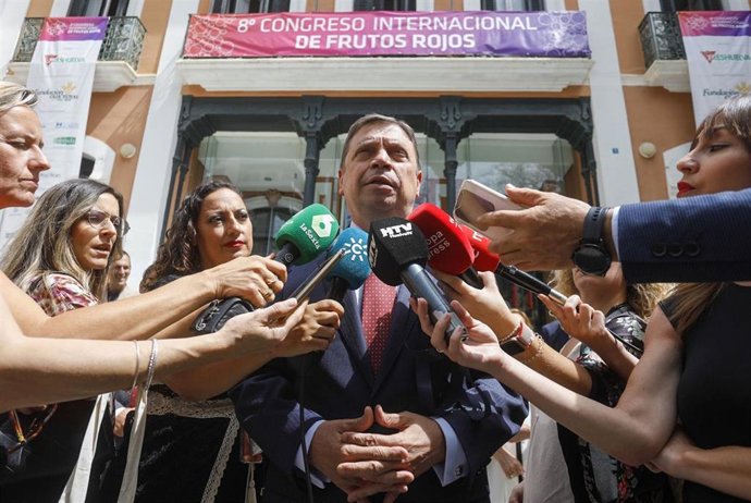 El ministro de Agricultura, Pesca y Alimentación, Luis Planas, atiende a los medios en Huelva antes de clausurar el VIII Congreso Internacioal de los Frutos Rojos.