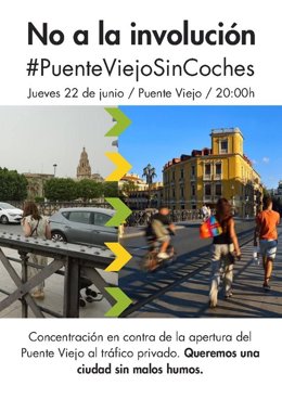 Cartel de la concentración contra la decisión del alcalde de Murcia, José Ballesta, de reabrir el Puente Viejo al tráfico de vehículos privados en la primera semana de julio