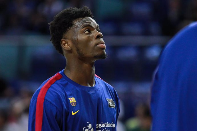 James Nnaji of FC Barcelona warms up during Final Playoff (match 3) of Liga Endesa basketball match between Real Madrid and FC Barcelona at Wizink Center on June 20, 2023 in Madrid, Spain.