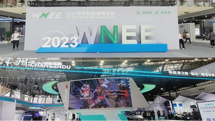 Photo shows the site of 2023 World New Energy Expo (WNEE) kicked off on Monday, in Changzhou, east China's Jiangsu Province.