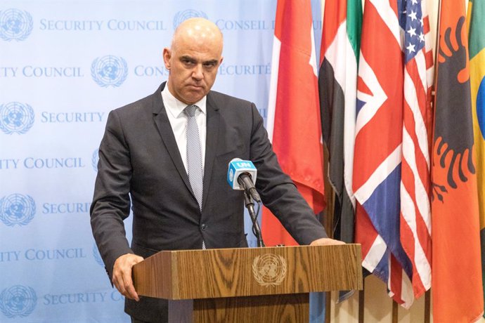 May 23, 2023, New York City, NY, USA: Swiss President Alain Berset meets journalists after attending a meeting of the United Nations Security Council in New York, United States, this Tuesday, May 23, 2023.