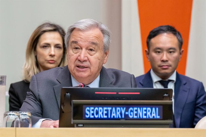 UNITED NATIONS, June 19, 2023  -- UN Secretary-General Antonio Guterres (Front) addresses a session of the intergovernmental conference on marine biodiversity of areas beyond national jurisdiction at the UN headquarters in New York, on June 19, 2023. Th