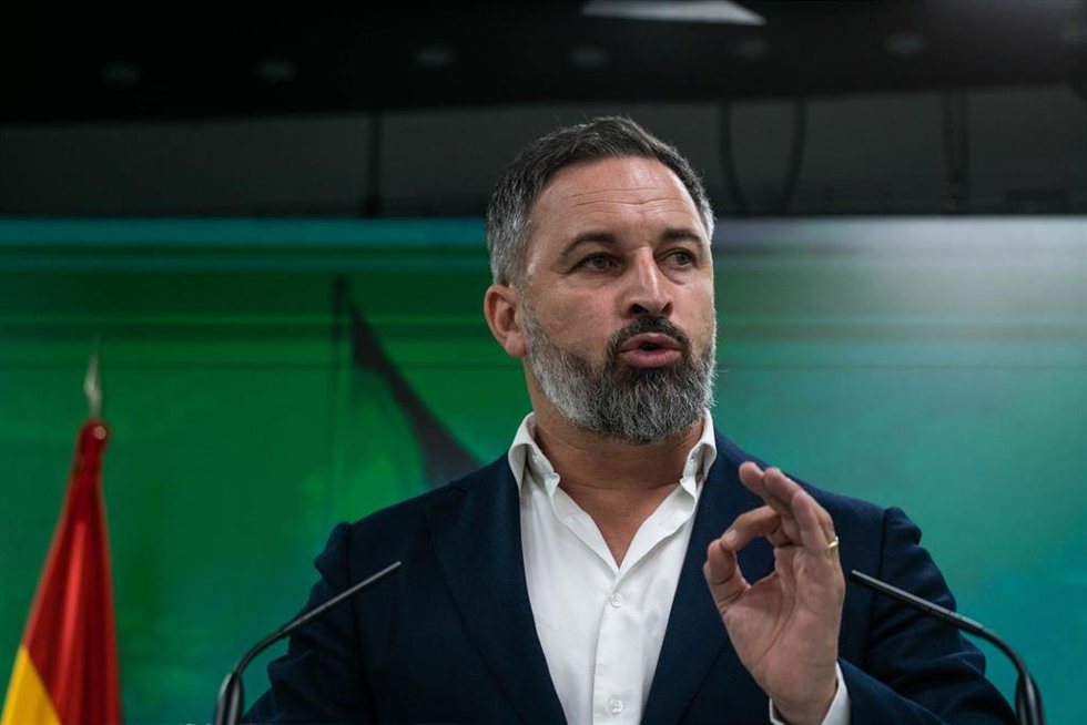 El líder de VOX, Santiago Abascal, durante una rueda de prensa en la sede de su partido. 