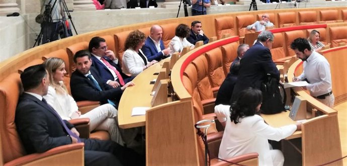 Javier García, tercero desde la izquierda en la fila de arriba, esta mañana en su escaño del Parlamento de La Rioja junto a compañeros del PSOE.