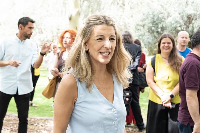 La vicepresidenta segunda y líder de SUMAR, Yolanda Díaz, a su salida de la presentación de las candidaturas de la lista de SUMAR para las elecciones del 23J, a 21 de junio de 2023, en Madrid (España). 