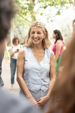 La vicepresidenta segunda y líder de SUMAR, Yolanda Díaz, a su salida de la presentación de las candidaturas de la lista de SUMAR para las elecciones del 23J, a 21 de junio de 2023, en Madrid (España).