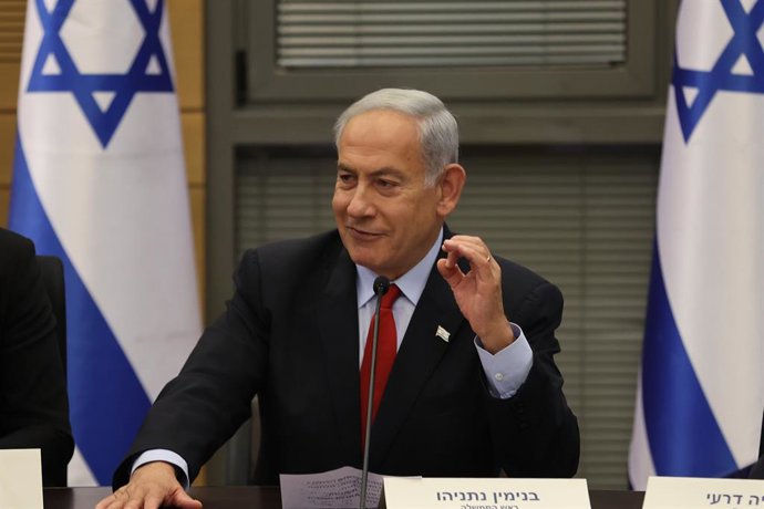 23 May 2023, Israel, Jerusalem: Israeli Prime Minister Benjamin Netanyahu gives a statement in the Knesset during the coalition meeting ahead of the vote on the new budget. Photo: Ilia Yefimovich/dpa