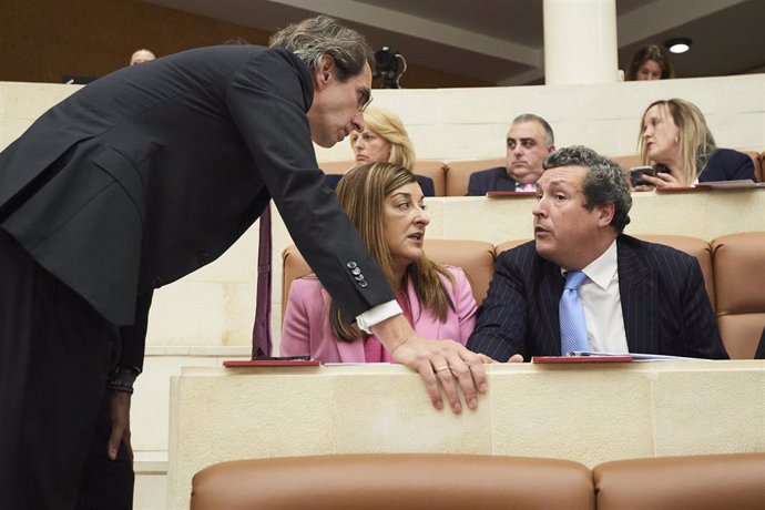 El diputado de Vox Armando Blanco (i), habla con María José Sáenz de Buruaga e Iñigo Fernández, del PP, en el Pleno de constitución del Parlamento