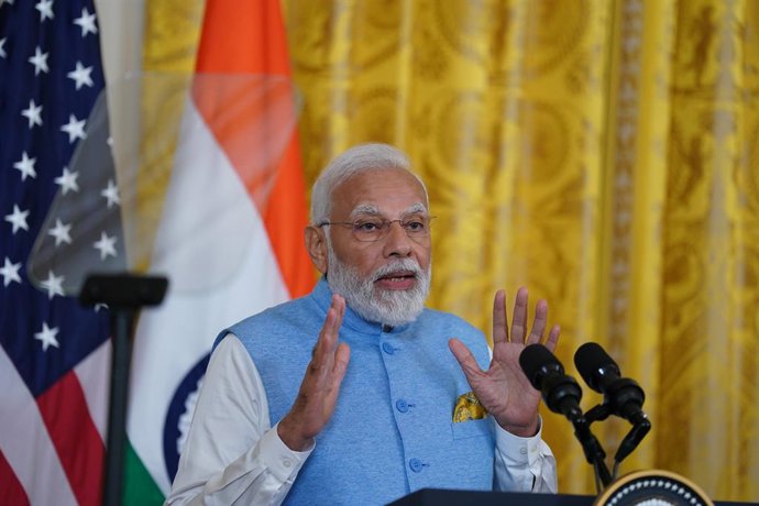 June 22, 2023, Washington, District of Columbia, USA: Narendra Modi, India's prime minister, at a news conference with US President Joe Biden, not pictured, in the East Room of the White House during a state visit in Washington, DC, US, on Thursday, Jun