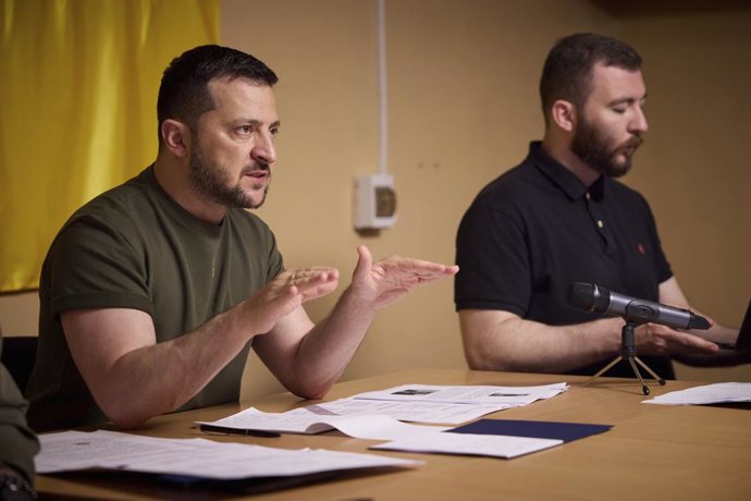 June 8, 2023, Kherson, Kherson Oblast, Ukraine: Ukrainian President Volodymyr Zelenskyy, left, hosts a video conference call with members of the newly formed international Expert Group on Russian ecocide from an undisclosed location, June 8, 2023 in the