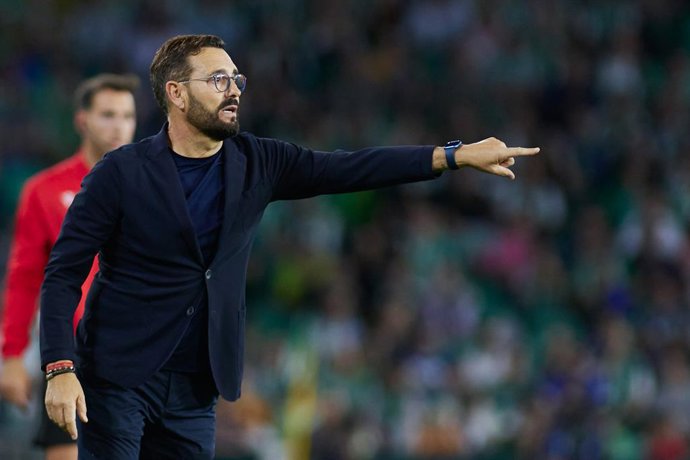 Jose Bordalas, head coach of Getafe, gestures during the spanish league, La Liga Santander, football match played between Real Betis and Getafe CF at Benito Villamarin stadium on May 24, 2023, in Sevilla, Spain.
