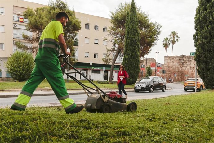 Archivo - Un trabajador municipal corta el cesped en el Paseo de Roma.