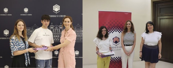 Los ganadores durante la entrega de premios junto a la coordinadora del concurso María Dolores Redel y Alicia Jurado.