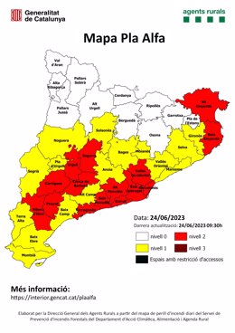 Pla Alfa en nivell 2 a 15 comarques pel perill d'incendi forestal a Catalunya