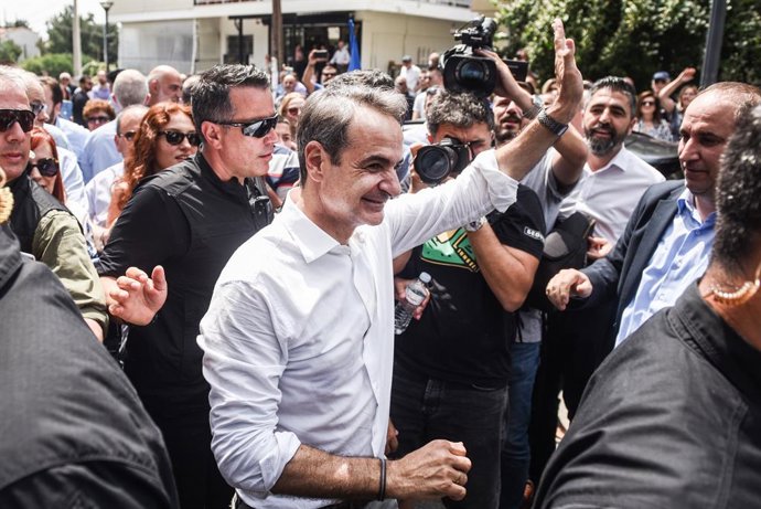 June 10, 2023, Thessaloniki, Greece: Greek Prime Minister and New Democracy leader Kyriakos Mitsotakis waves to supporters during a pre-election campaign at a suburb of Thessaloniki. Greece holds general elections for a second time on June 25.