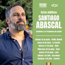 Cartel anunciador de los actos públicos de precampaña electoral en los que intervendrá el presidente y candidato nacional de Vox, Santiago Abascal.