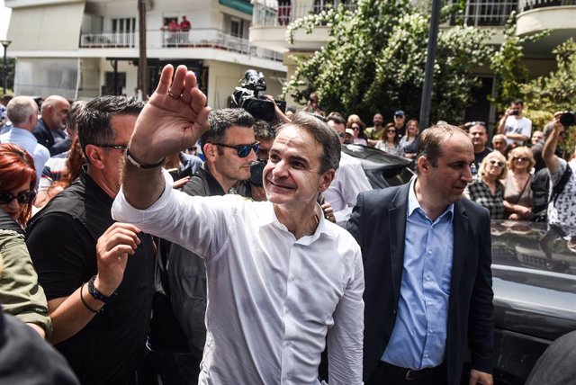 June 10, 2023, Thessaloniki, Greece: Greek Prime Minister and New Democracy leader Kyriakos Mitsotakis waves to supporters during a pre-election campaign at a suburb of Thessaloniki. Greece holds general elections for a second time on June 25.