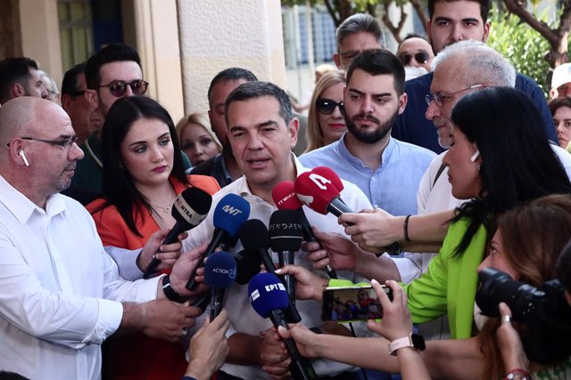 ATHENS, June 25, 2023  -- Alexis Tsipras, leader of Greece's main opposition party, SYRIZA-Progressive Alliance, speaks to the media at a polling station in Athens, Greece, June 25, 2023.   A second general election was held in Greece on Sunday.
