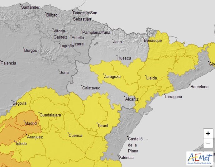 Avisos de nivel amarillo por altas temperaturas y tormentas en Aragón