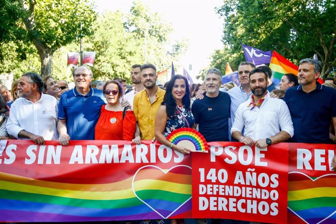 Archivo - Fernando Grande-Marlaska, Ángel Gabilondo, Felipe Sicilia, Pepu Hernández y otros miembros del PSOE en la manifestación estatal del Orgullo LGTBI en Madrid en 2022