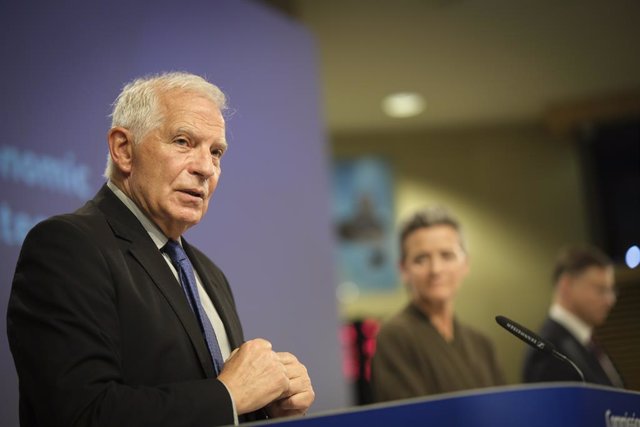 June 20, 2023, Brussels, Brussels, Belgium: Margrethe VESTAGER, Valdis DOMBROVSKIS, and Josep BORRELL FONTELLES held a press conference at the end of the Eurogroup meeting today in the Belgian capital. Josep BORRELL FONTELLES (left) Margrethe VESTAGER (mi