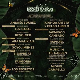 Cartel del Festival Noches Mágicas, que se celebrará del 27 de julio al 13 de agosto en los Jardines Abril de Sant Joan d'Alacant (Alicante).