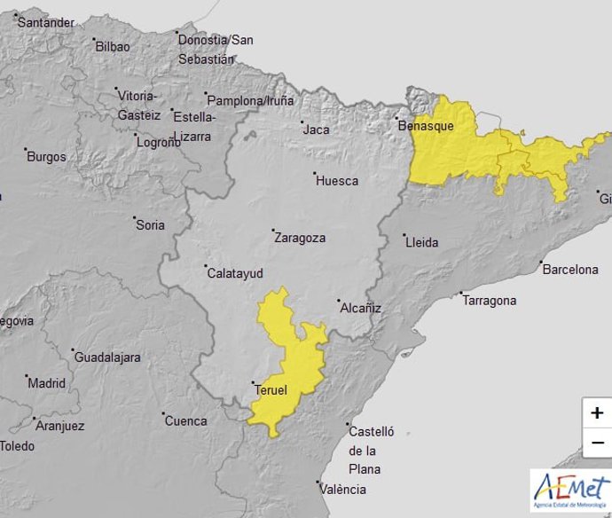Aviso amarillo por lluvias y tormentas en las comarcas turolenses de Gúdar y Maestrazgo, este martes.