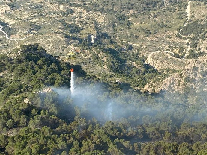 Más de medio centenar de operativos adscritos al Plan Infomur trabajan para extinguir el incendio forestal declarado en La Garapacha, en la Sierra de la Pila, en Fortuna (Murcia)