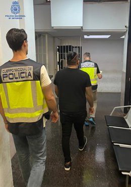 Agentes de la Policía Nacional acompañan a uno de los detenidos por un delito contra los derechos de los trabajadores y falsedad documental en Palma e Inca