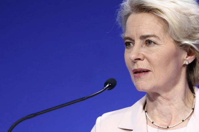 21 June 2023, United Kingdom, London: Ursula von der Leyen, President of the European Commission, delivers a speech at the opening session on the first day of the Ukraine Recovery Conference, held at the InterContinental London - O2. Photo: Henry Nichol