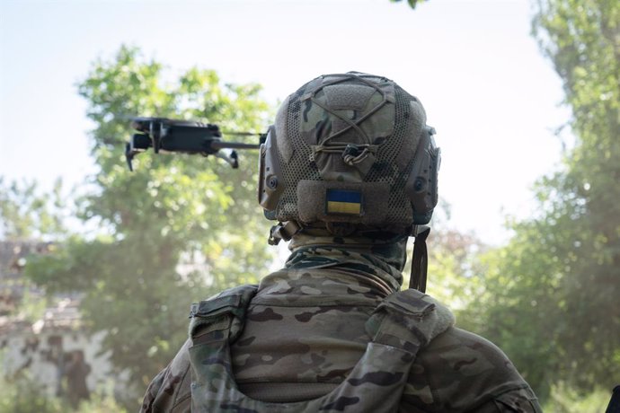 June 20, 2023, Ukraine: A soldier seen demonstrating a drone mission in the newly liberated village of Storozheve. As the long-awaited Ukrainian counteroffensive started, Ukrainian armed force is facing strong resistance from the Russian soldiers. Despite