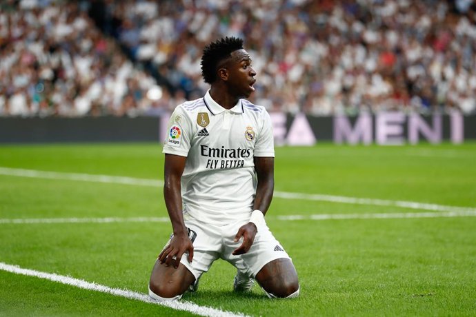 Vinicius Junior of Real Madrid protests during the spanish league, La Liga Santander, football match played between Real Madrid and Athletic Club de Bilbao at Santiago Bernabeu stadium on June 04, 2023, in Madrid, Spain.
