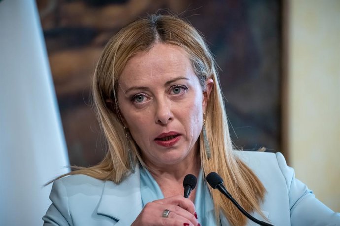 08 June 2023, Italy, Rome: Italian Prime Minister Giorgia Meloni speaks during a joint press conference with German Chancellor Olaf Scholz following their meeting in Rome. It is the chancellor's first visit to Rome since Meloni, the party leader of the 