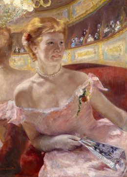 PHL441780 Woman with a Pearl Necklace in a Loge, 1879 oil on canvas by Cassatt, Mary Stevenson 1844-1926 81.3x59.7 cm Philadelphia Museum of Art, Pennsylvania, PA, USA add.info. Possibly the artists sister, reflected behind her are the balconies of the
