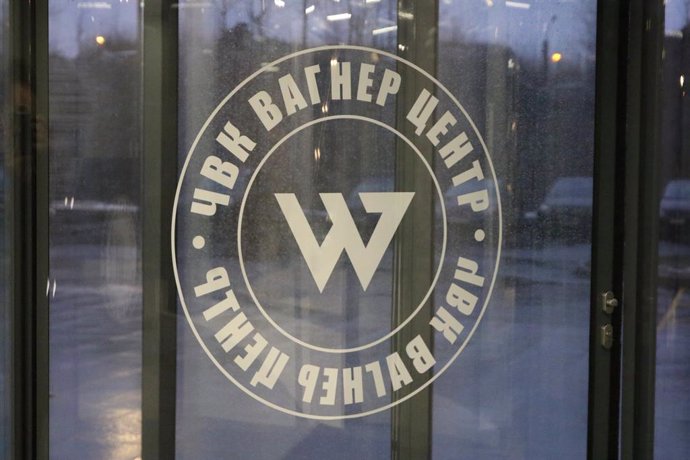 June 24, 2023, Saint Petersburg, Russia: The PMC (Private Military Company) Wagner Center logo on the new building. PMC Wagner Center began its work in St. Petersburg. In fact, a large office building, in which they promise to provide free space for the m