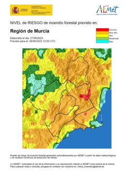 El nivel de riesgo de incendio forestal previsto para este miércoles es alto o muy alto en toda la Región