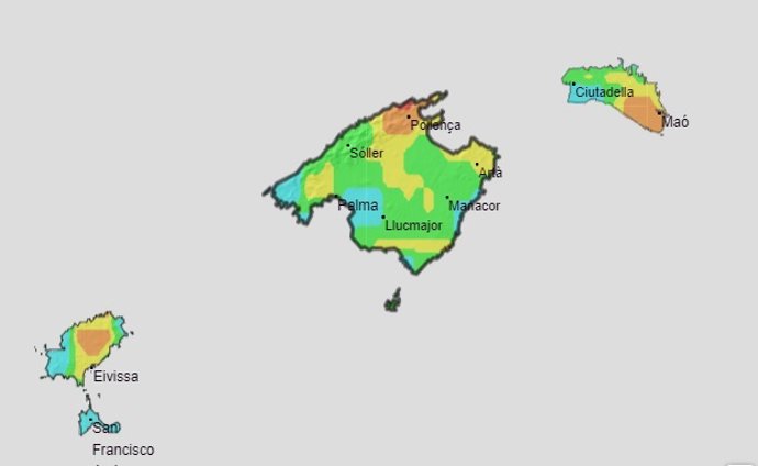 Mapa de colores con los niveles de riesgo de incendios en Baleares.
