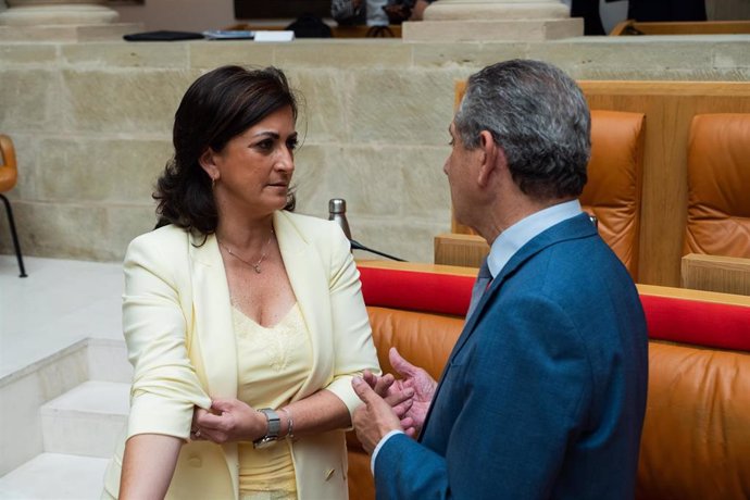 La presidenta en funciones de La Rioja, Concha Andreu, a su llegada a la segunda jornada del debate de investidura 