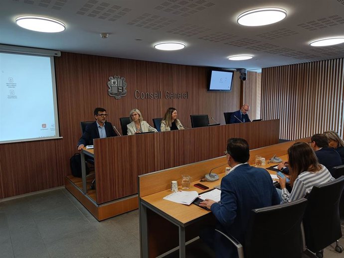 Un instante de la comparecencia de los responsables de la CASS en el Consell General