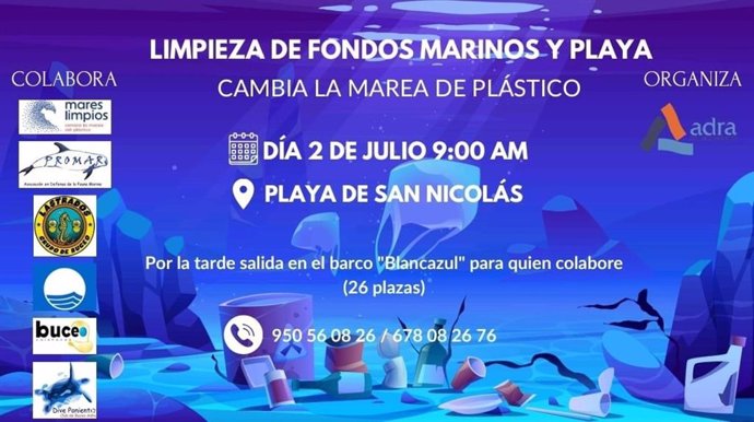 Cartel sobre la actividad para limpieza de fondos marinos y playa de Adra (Almería).