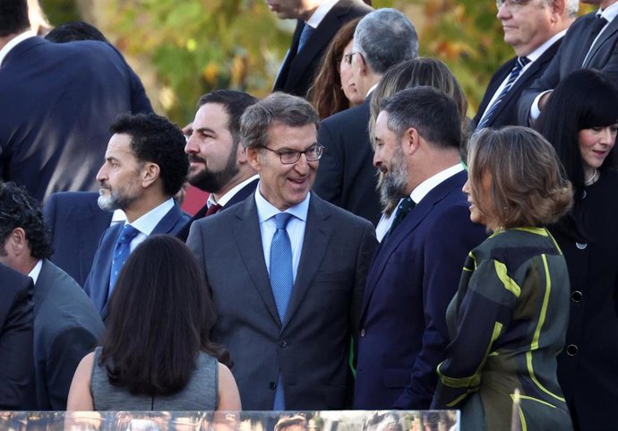 Archivo - El presidente del PP, Alberto Núñez Feijóo y el líder de Vox, Santiago Abascal, conversan durante el acto solemne de homenaje a la bandera nacional y desfile militar en el Día de la Hispanidad, a 12 de octubre de 2022, en Madrid (España). 