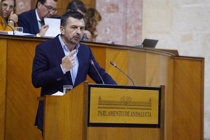 El portavoz del Partido Popular, Toni Martín, este miércoles durante su intervención en el Pleno del Parlamento en el debate sobre situación política.  