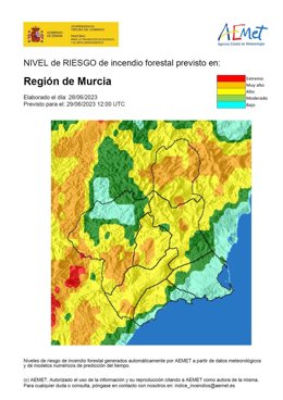El nivel de riesgo de incendio forestal previsto para este jueves, 29 de junio, es alto en casi toda la Región