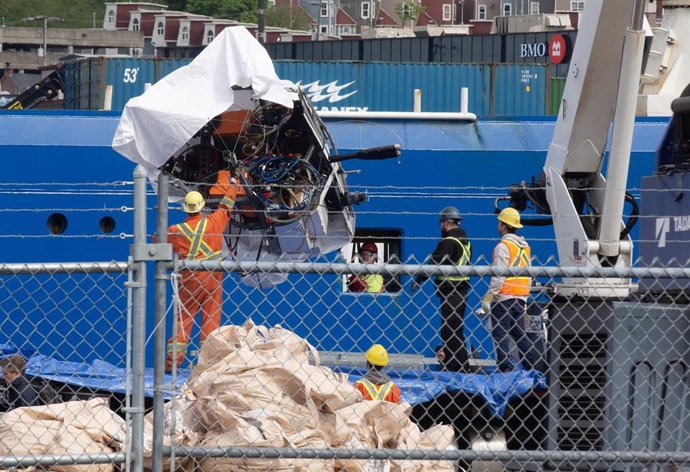 June 28, 2023, St.John's, NL, CANADA: Debris from the Titan submersible, recovered from the ocean floor near the wreck of the Titanic, is unloaded from  the ship Horizon Arctic at the Canadian Coast Guard pier in St. JohnAAs on Wednesday, June 28, 20