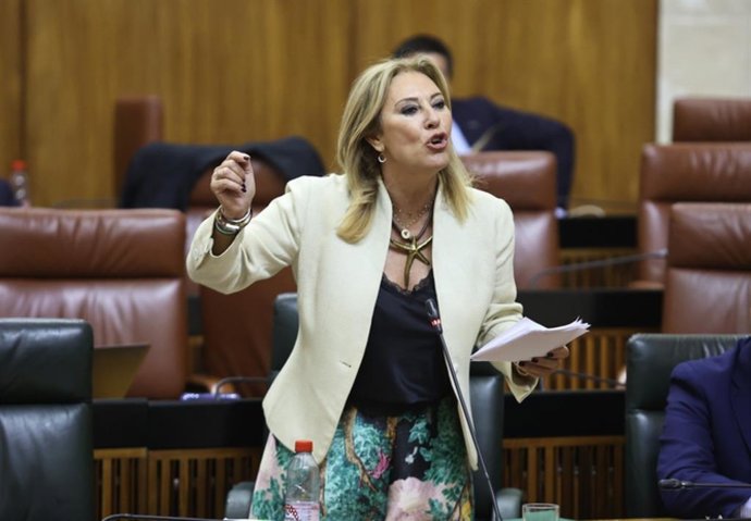 La consejera de Economía, Hacienda y Fondos Europeos, Carolina España, en el Parlamento andaluz.