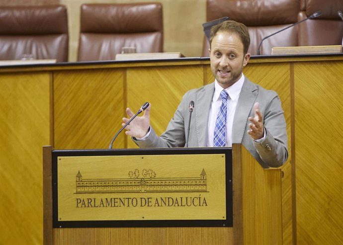 El parlamentario del PP-A, Erik Domínguez, este jueves en el Pleno del Parlamento en la defensa de la PNL de la PAC.